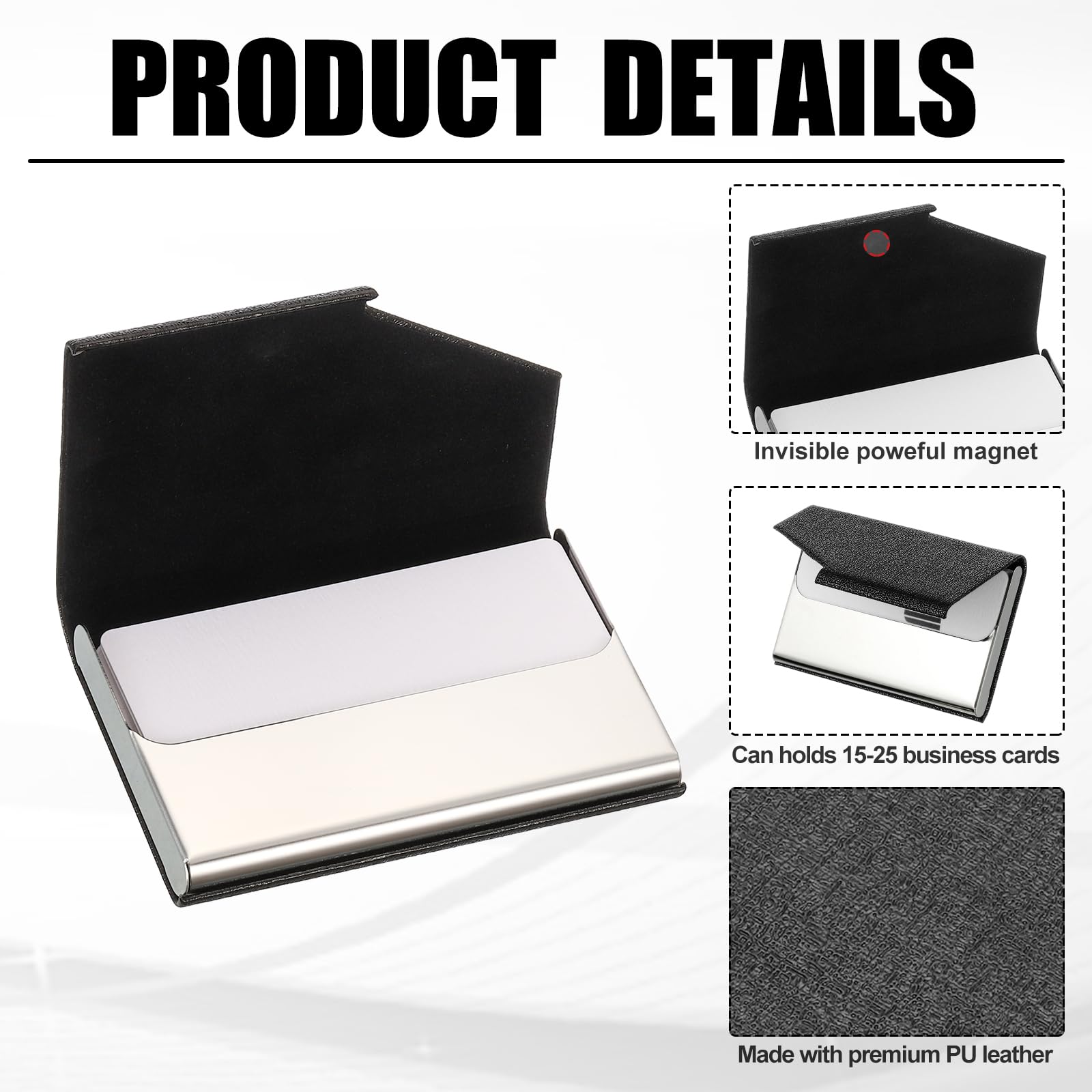 PATIKIL PU Leather Business Card Holder, 20Pcs Stainless Steel Name Card Case with Magnetic Wallet Pocket Carrier for ID Card Men Women, Black - Image 3