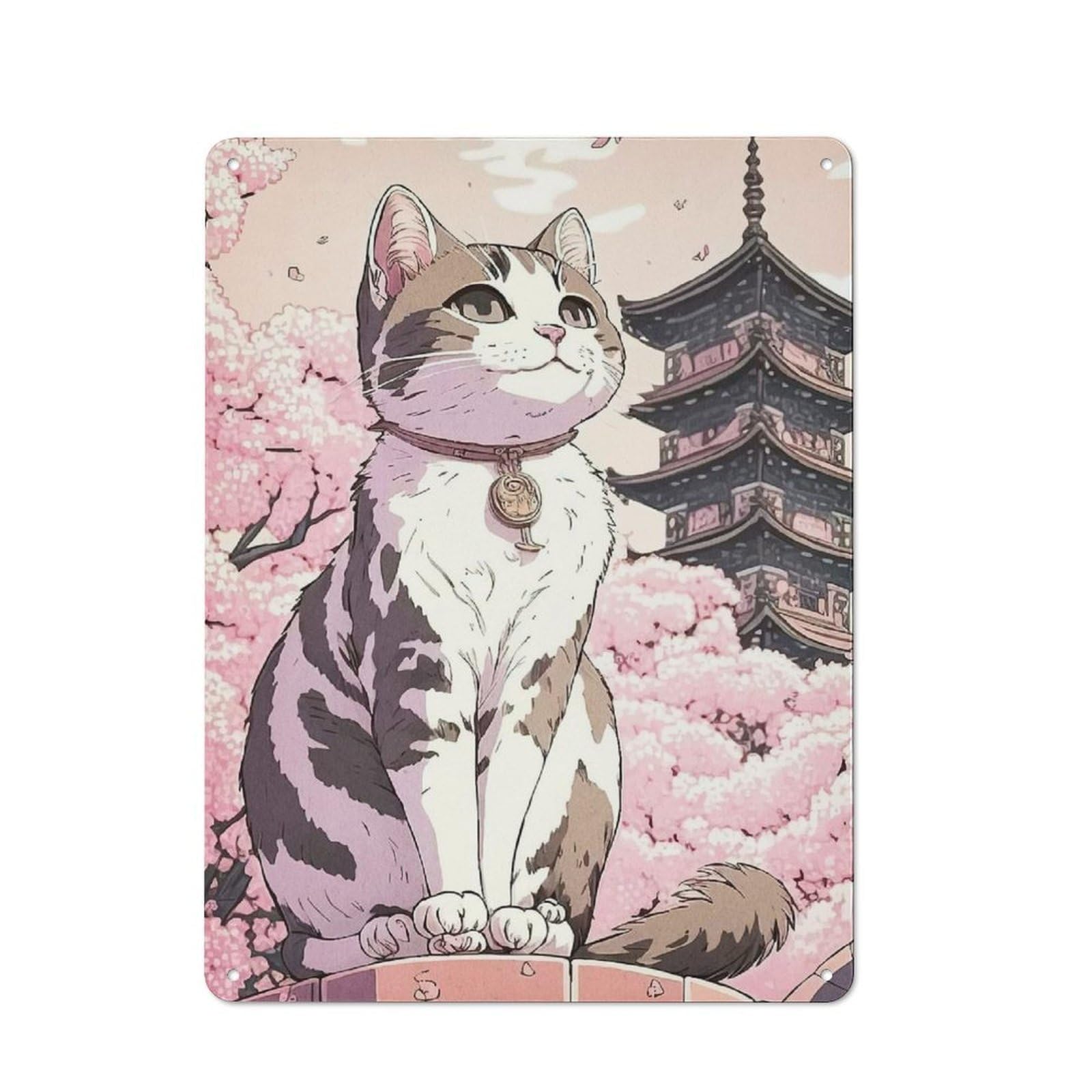 Junmoney Cat Japan Cherry Blossoms Retro Metal Sign 40X30cm For Lounge Or Reading Corner, For An Autumn Wall Display In Lounge And Reading Corner
