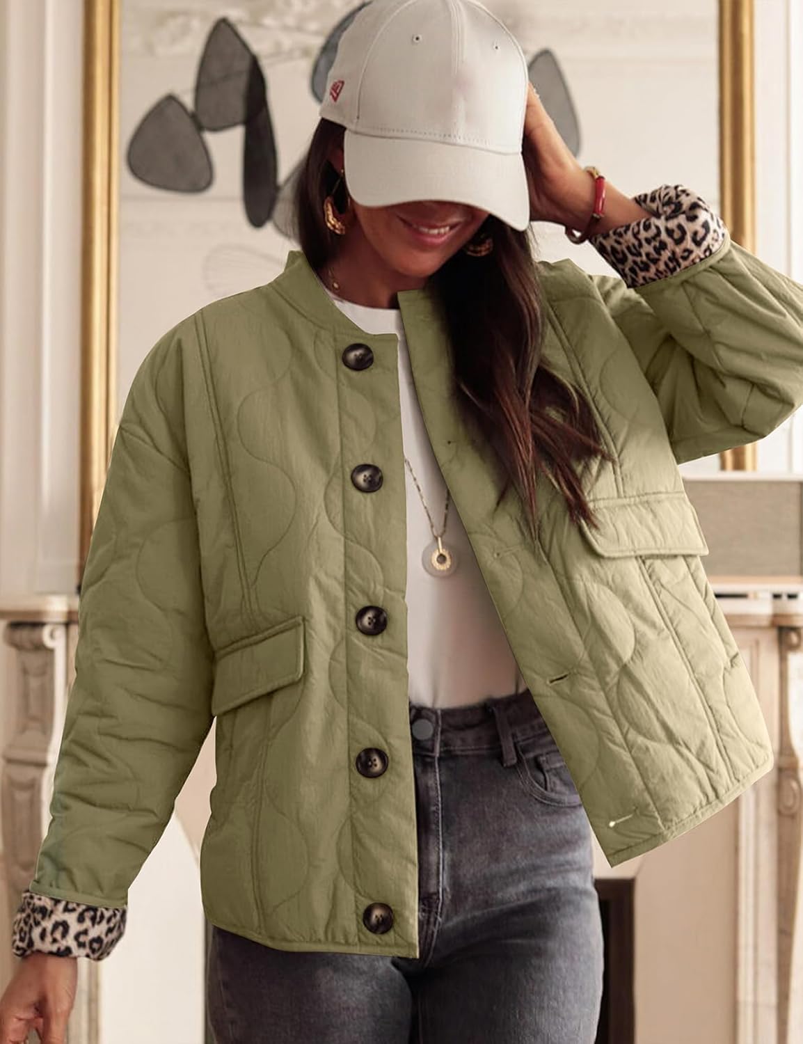 PEHMEA Women's Quilted Lightweight Jackets, Button Down Casual Coat Leopard Lining Bomber Outerwear with Pockets - Image 5