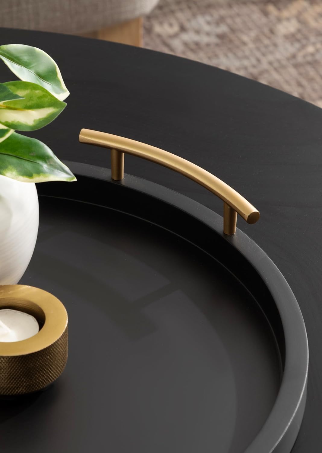 Kate and Laurel Halsey Decorative Wooden Round Tray with Polished Metal Handles, 16 Inch Diameter, Black and Gold, Modern Glam Wood Circle Serving Tray for Use as Ottoman or Coffee Table Decor