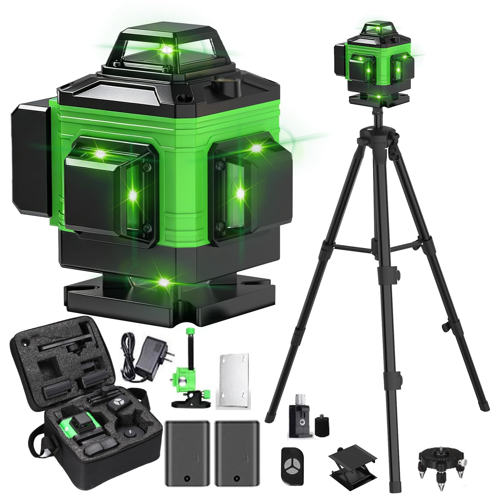 360° X 4 Self-Leveling Laser Level, 4D Construction Laser with 16 Laser Lines, Outdoor Pulse Mode, 2 Batteries, Self-Leveling, Rotary Stand, Remote Control (Green with Tripode)