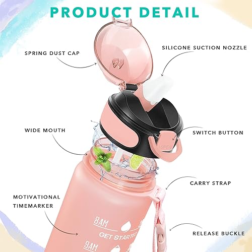 Miniatura 3 de Enerbone Botella de agua de 32 onzas con tiempos para beber y pajita, botellas de agua motivacionales con correa de transporte, a prueba de fugas