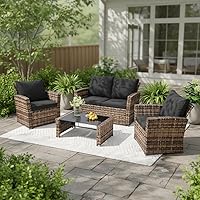 FHFO 4-Piece Wicker Patio Conversation Set with Cushions & Tempered Glass Table - Yellow/Black Outdoor Sectional Sofa for Garden, Balcony