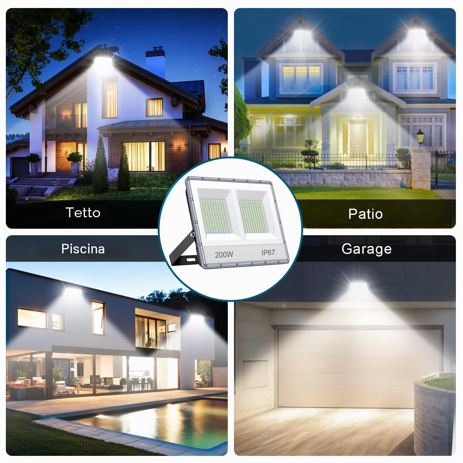 YIQIBRO Faretto LED da Esterno 200W 2 Pezzi, 20000LM 6500K Bianco Freddo Faro LED Esterno con Trasformatore, IP67 Impermeabile Luce di Sicurezza per Giardino Garage Fabbrica Stadio Patio Posteggio