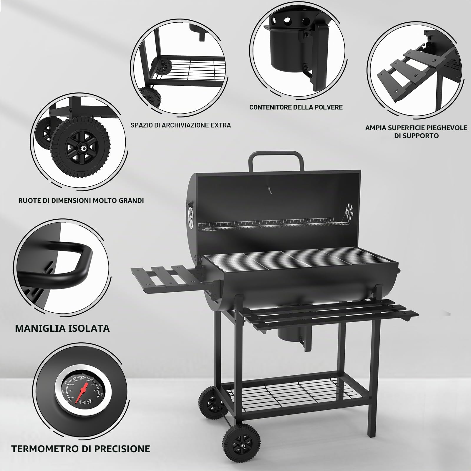 TEENO Grande Barbecue a carbone di legna XXL,Termometro,Cassetto per cenere,Guanti anti-scottatura, Svento regolabile,Grande Barbecue a carbone (Con coperchio in tessuto)