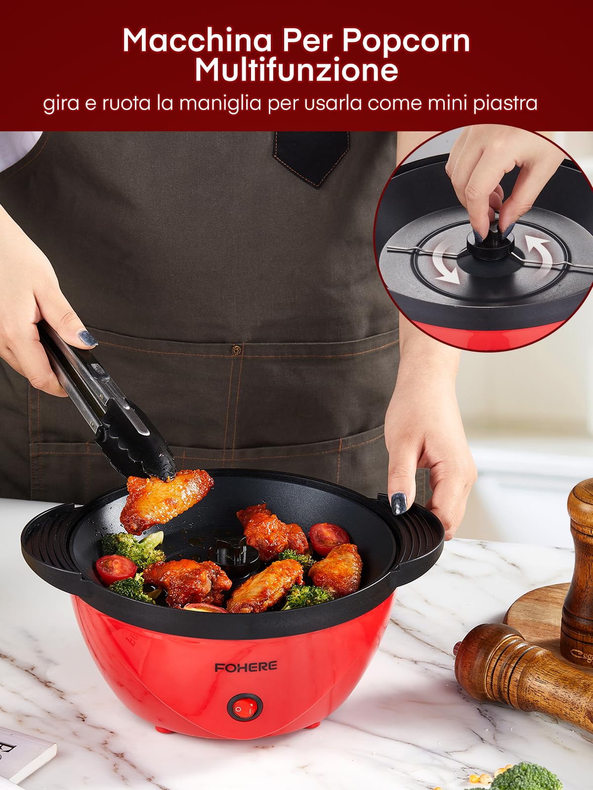 FOHERE Macchina Popcorn, 3,5 L Macchina Per Popcorn Casalinga con Sbattitore Elettrico, Pop Corn Macchina con Zucchero e Olio, Rivestimento Antiaderente, Ampio Coperchio Come Ciotola da Portata