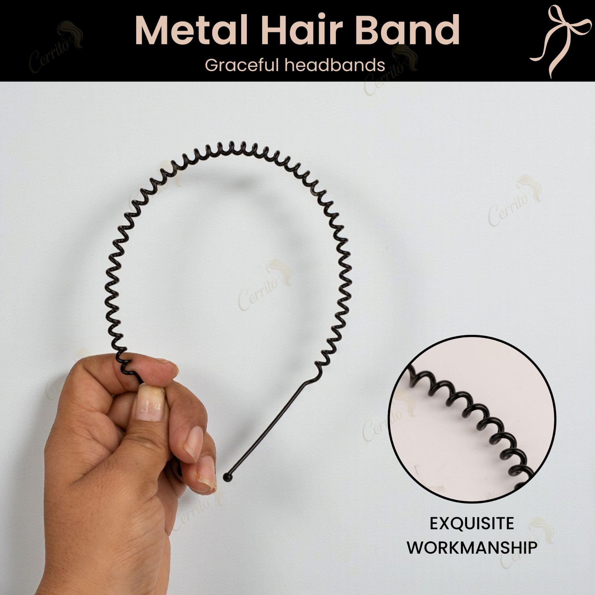 Cerrito Black Metal Hair Band for Men – 8 Pcs Wavy Non-Slip Adjustable Headbands for Women, Boys, and Girls, Facial Sports, Yoga, Running, Face Wash, Fashion Hair Accessories 3