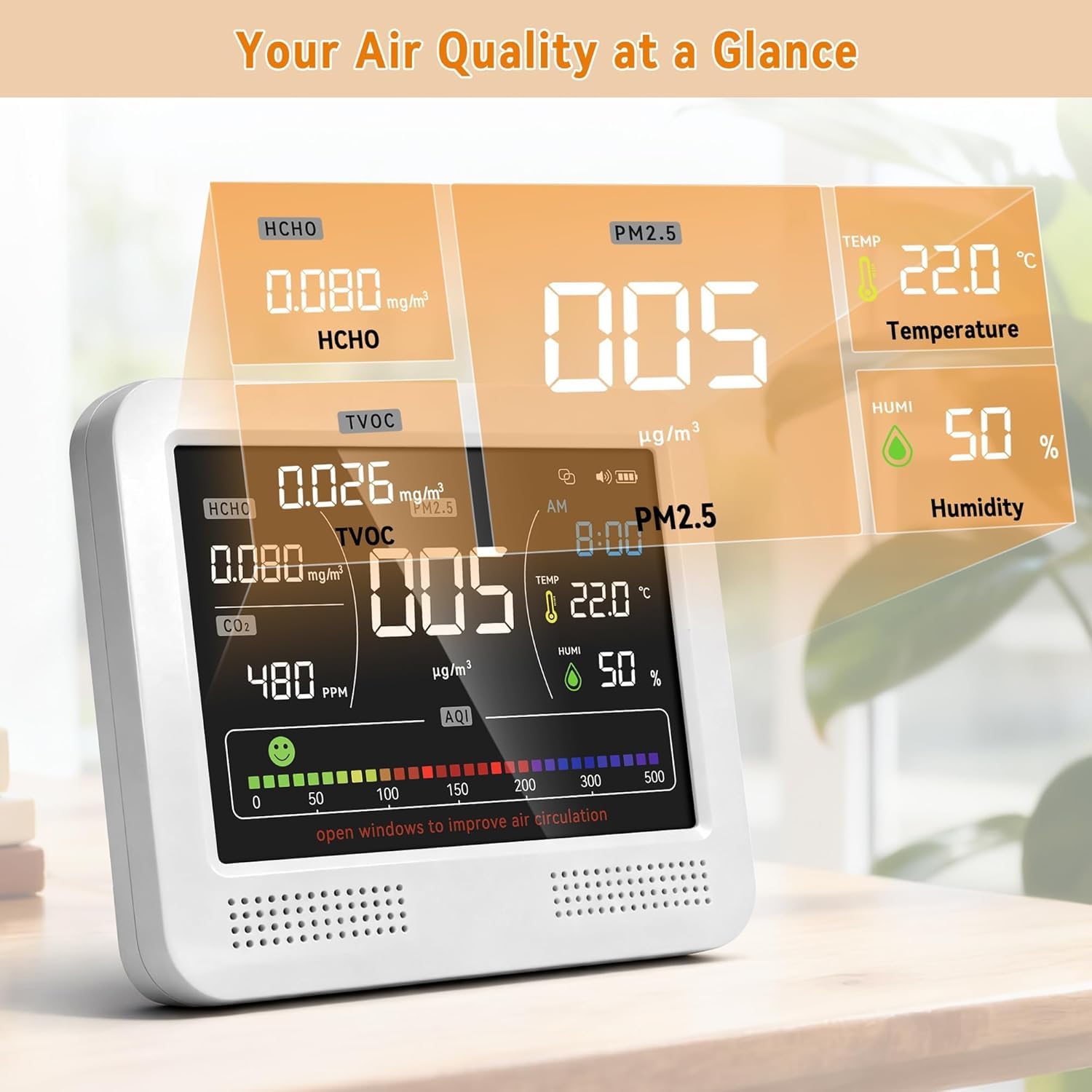 Monitor profesional de calidad del aire interior 16 en 1 con alertas de AQI de 7 niveles, batería de 10 horas de CO2 de alta precisión, PM1.0/2.5/10, HCHO, TVOC, medidor de temperatura y humedad para