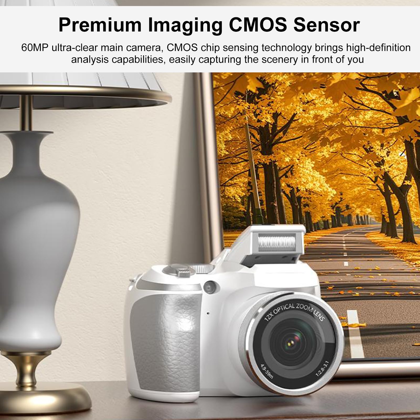 Bewinner Fotocamera Digitale 4K per Fotografia, Fotocamere Vlogging da 60 MP con Schermata da 2,88 ", Zoom Ottico 12x, Videocamera Video Autofocus per Principiante (WHITE)
