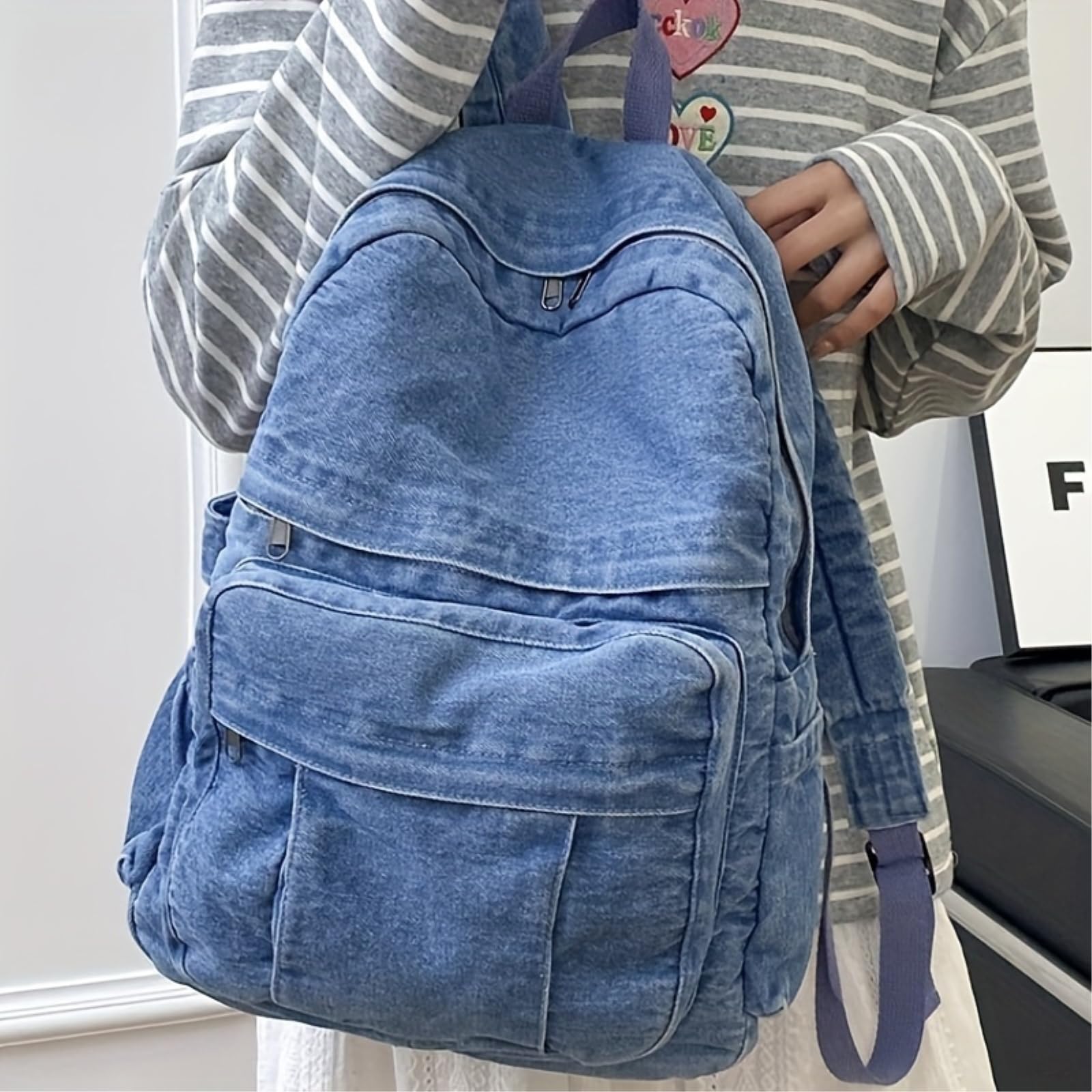 Zaino da Viaggio Borsa di Versatile - in Denim Stile Vintage per Le Donne Grande capacità Adatto Gli Studenti delle Scuole Superiori E Universitarie-Light Blue