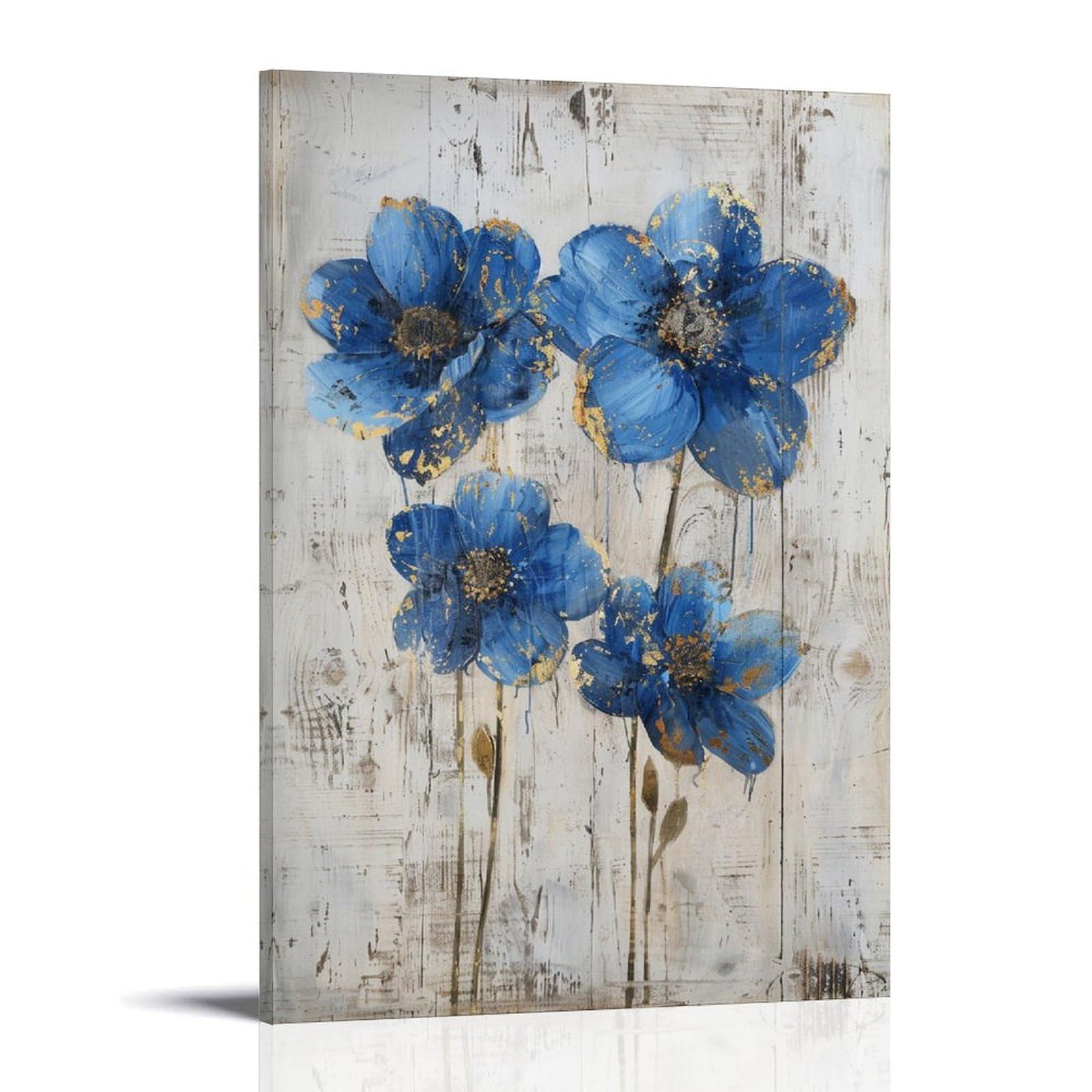 FYFMUSHE Watercolor Flowers Canvas Wall Art Paintings Vintage Blue Gold Floral Plants Pictures on Canvas Prints Framed Ready to Hang Artwork for Bedroom Home Decor 12x18inch(30x45cm)