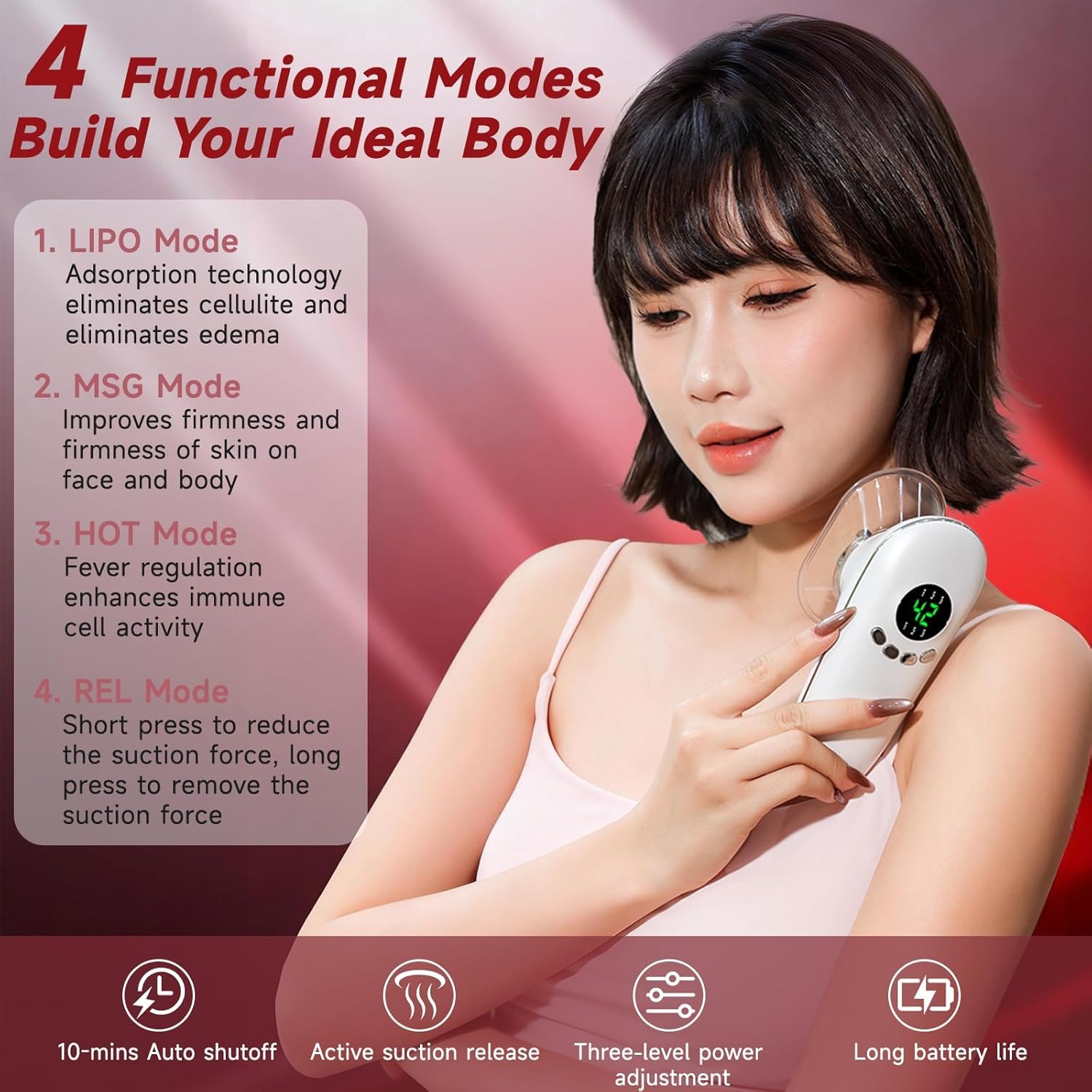 Masajeador Anticelulítico Reductor, 15-45 Kpa Masajeador De Ventosa | Calefacción De 4 Niveles, Con Microcorriente EMS y Luz Roja, Para Abdomen, Piernas, Glúteos y Fascias