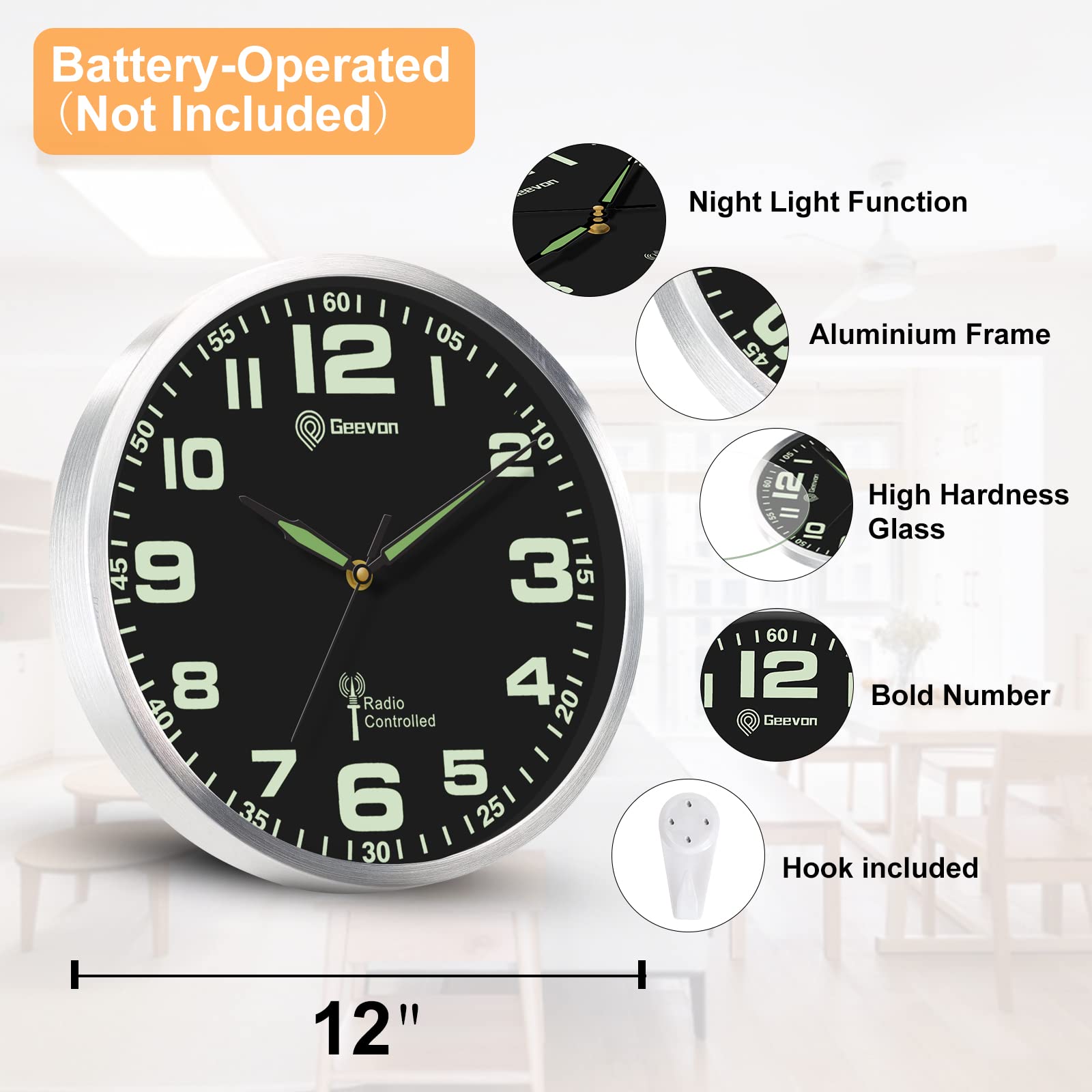 Geevon Atomic Analog Wall Clock, 12" Night Light Wall Clocks Battery Operated for Living Room/Bedroom/Kitchen, Large Glowing Digital Easy to Read Both Day and Night