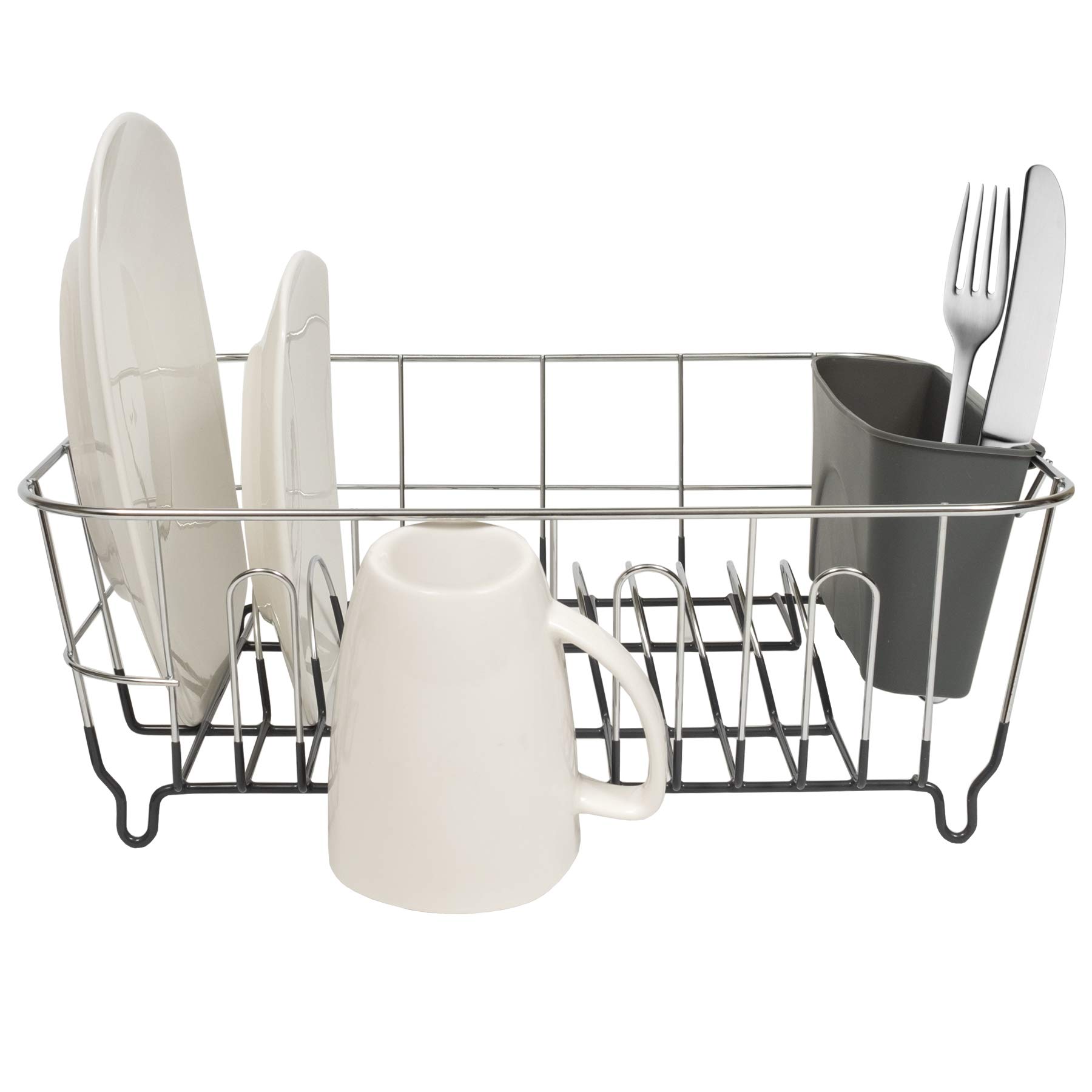 Sweet Home Collection Set di 2 scolapiatti e portaposate, con rivestimento in gomma, organizer salvaspazio da cucina per piatti, tazze, ciotole e utensili nel lavandino, grigio scuro