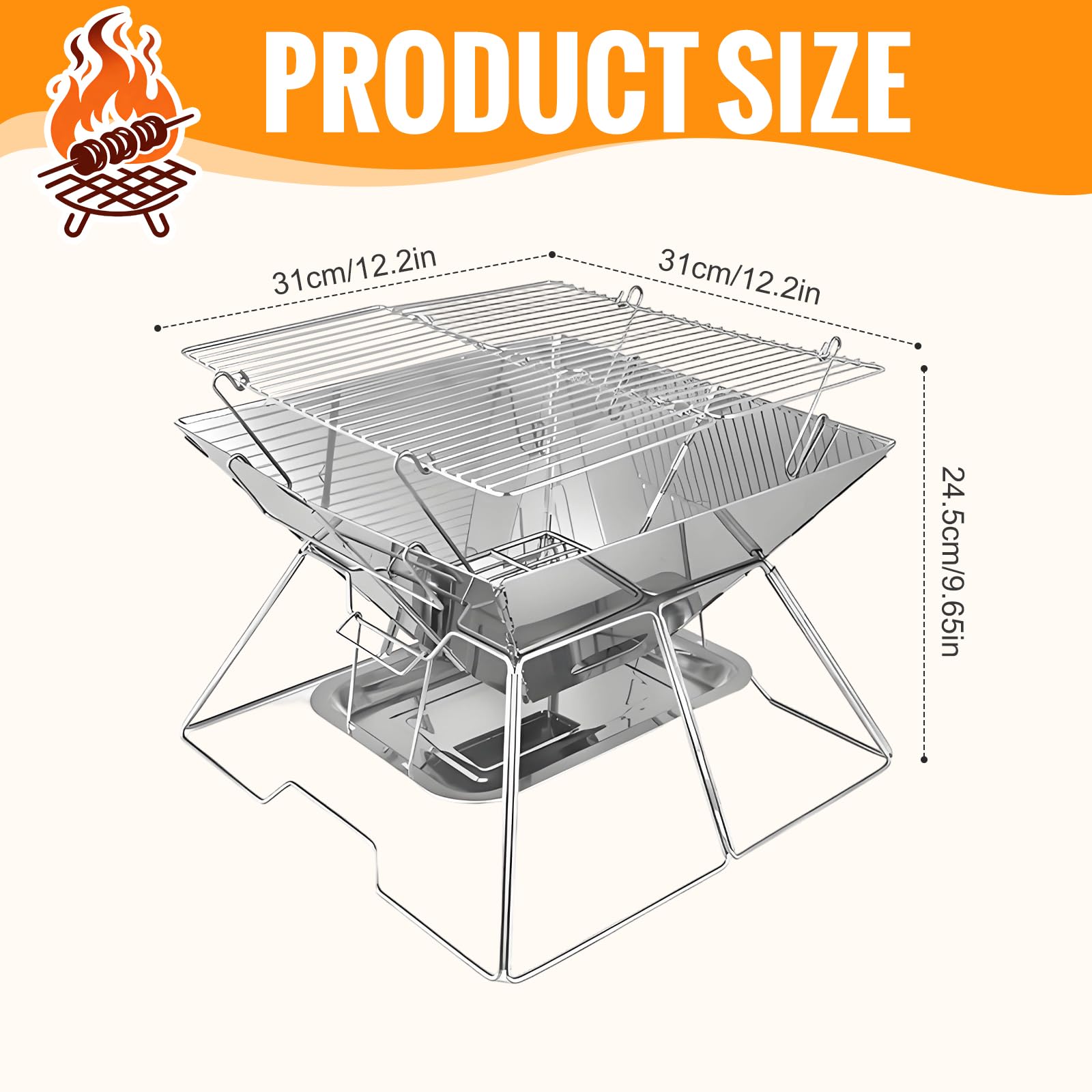 Palenisko ze stali nierdzewnej z rusztem do grillowania, 31 x 31 cm, przenośny grill kempingowy z rusztem o regulowanej wysokości i tacką na popiół, składane palenisko do użytku na zewnątrz, do ogrodu