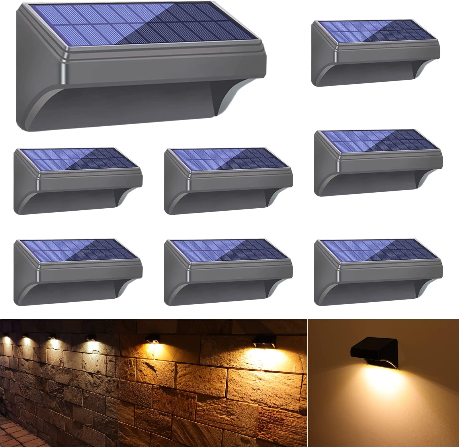 Bridika Solar Fence Lights, Fence Lights Fence Solar Lights Outdoor Waterproof Warm White & Daylight White LED Solar Lights for Backyard, Deck Railing, Stair Handrail and Wall (8 Packs, Mini Size)