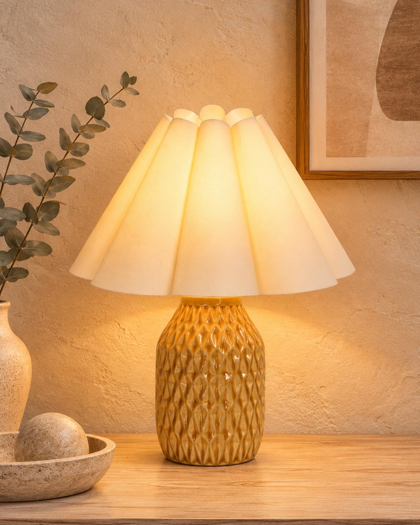 Homesake® Artisan Textured Ceramic Table Lamp with Pleated Khadi Fabric Shade, Honey Glazed Mustard Bedside Lamp, E27 Decorative Table Light for Bedroom, Living Room, Study, Home & Office-image-45