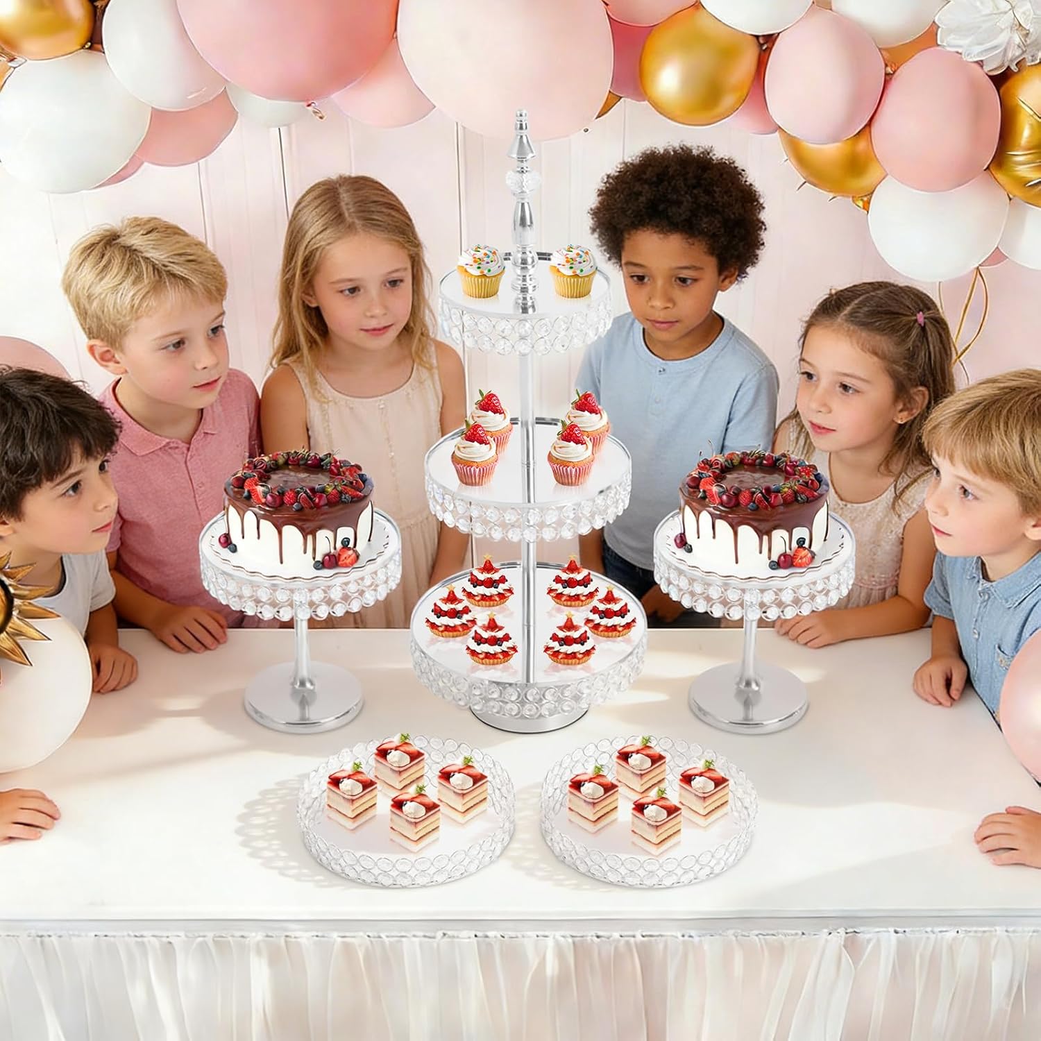 5-Piece Cake Stand Set, Iron & Glass Dessert Display Stands with Crystal Beads, 2 Round Trays + 2 Single Stands + 3-Tier Stand for Wedding, Birthday, Party, Bakery – Gold/Silver