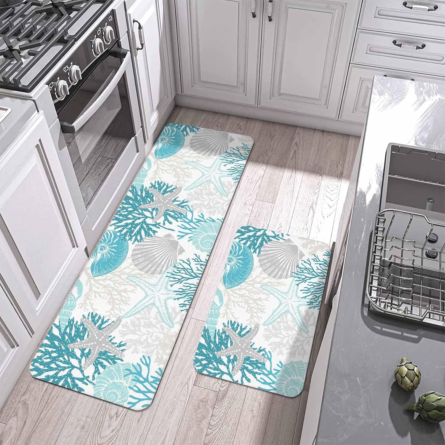 Summer Marine Life Kitchen Mats Set of 2 Graffiti Corals Shell Sea Conch Starfish Blue Green Non Slip Mat Washable Floor Rug for Kitchen Sink Floor Laundry, 15.7"x23.6"+15.7"x47.2"