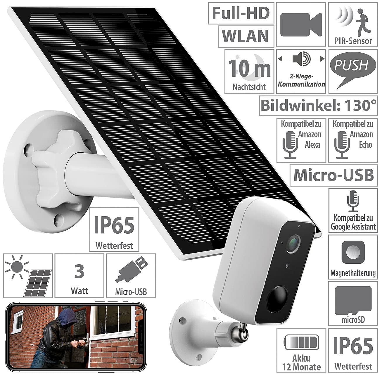 revolt Telecamera esterna con pannello solare, Wi-Fi, app, batteria, Full HD, IP65