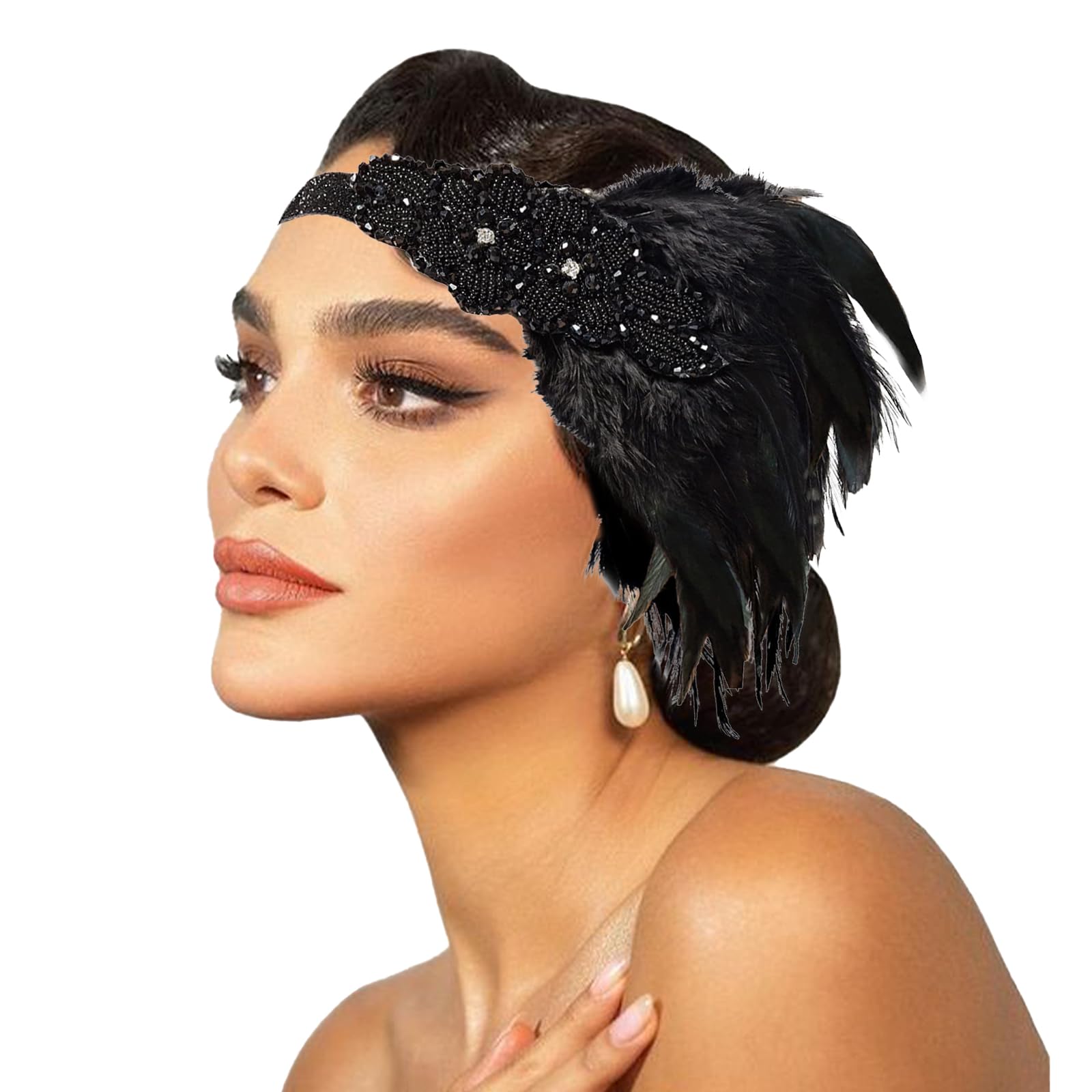 Feather and Rhinestone Headpiece Shop 1920s Headpieces - Beaded Feather Headband | BABEYOND main image 3