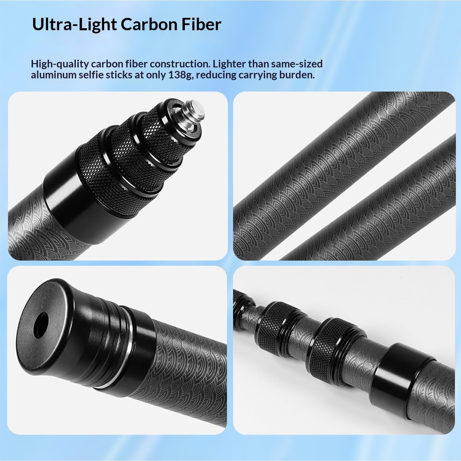 Bastone estensibile per selfie, in fibra di carbonio, telescopico da 50 cm a 130 cm, per action camera, impugnatura antiscivolo, bastone per selfie estensibile
