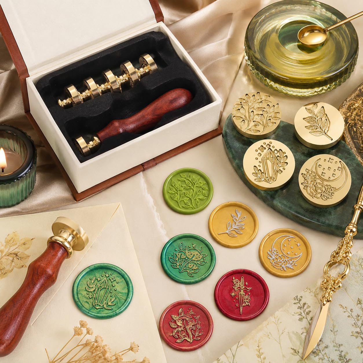 SWANGSA Juego de sellos de cera, 6 piezas vintage con patrón de plantas de flores y cabezas de sello de cera + 1 juego de sellos de sellado de mango de madera (conjunto botánico)