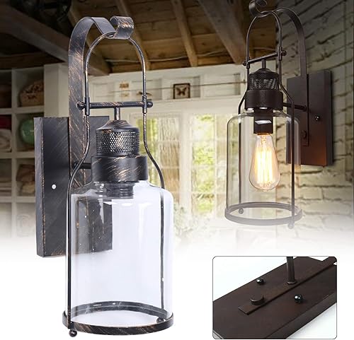 Miniatura 5 de Apliques de pared de granja, lámpara de pared industrial rústica para porche con pantalla de vidrio transparente, lámpara de pared retro exterior
