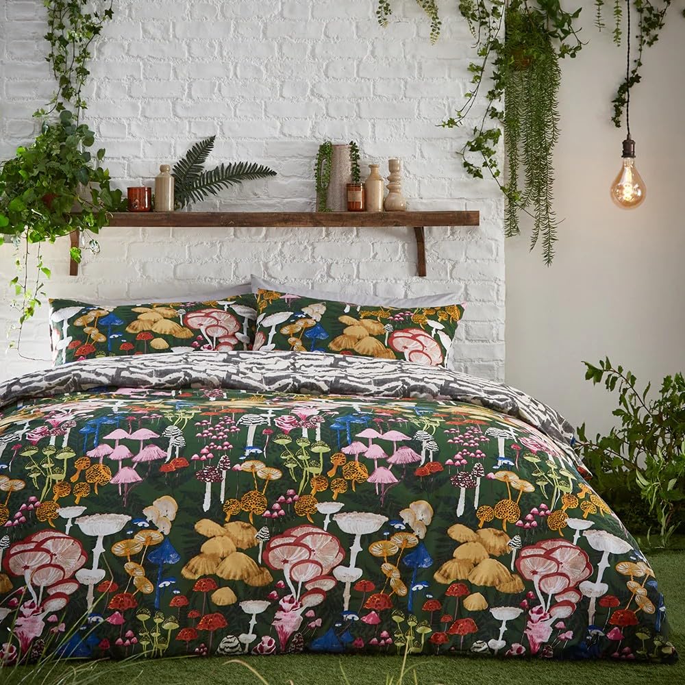 furn. Amanita Duvet Cover Set – Hand-Painted Printed Colourful Mushroom Reversible Bedding (Forest Green – Single)