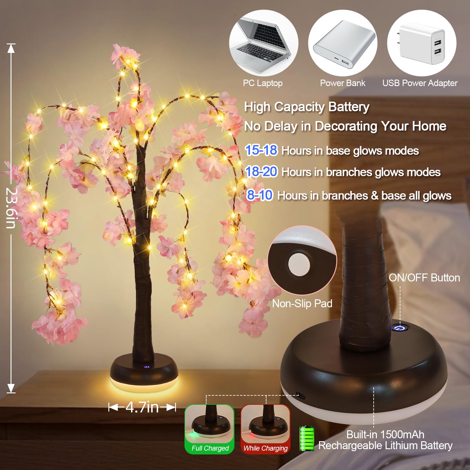 GOESWELL - Lampada da tavolo a forma di albero artificiale, 60 cm, albero con fiori di ciliegio rosa-1