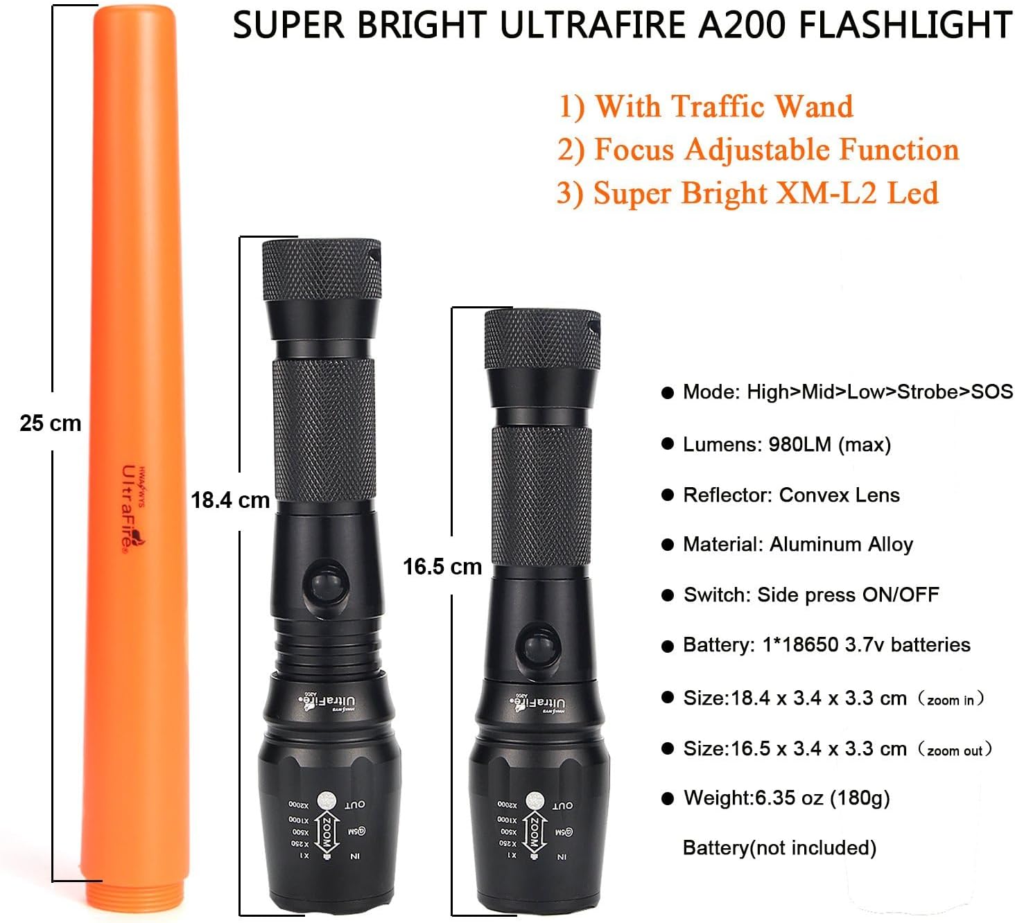 ULTRAFIRE 16 Inch Signal Traffic Wand LED Tactical Flashlight Zoomable 980 Lumens 5 Modes Safety Flash Light, Red Flashing Mode, Wrist Strap Lanyard, Side Clip, Magnet, Orange Finish Cone