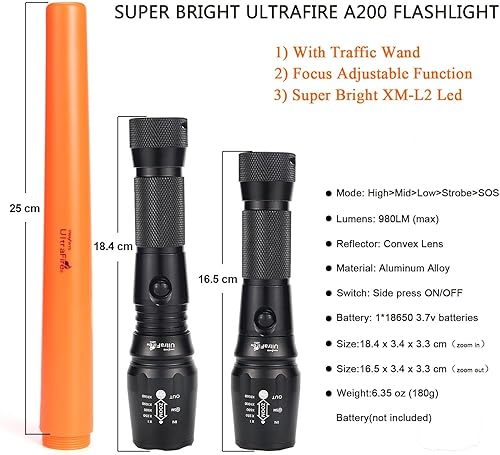 Miniatura 5 de UltraFire Linterna LED de vara de control de tráfico de 16 pulgadas, linterna de varita de tráfico de 980 lúmenes, 5 modos con modo estroboscópico