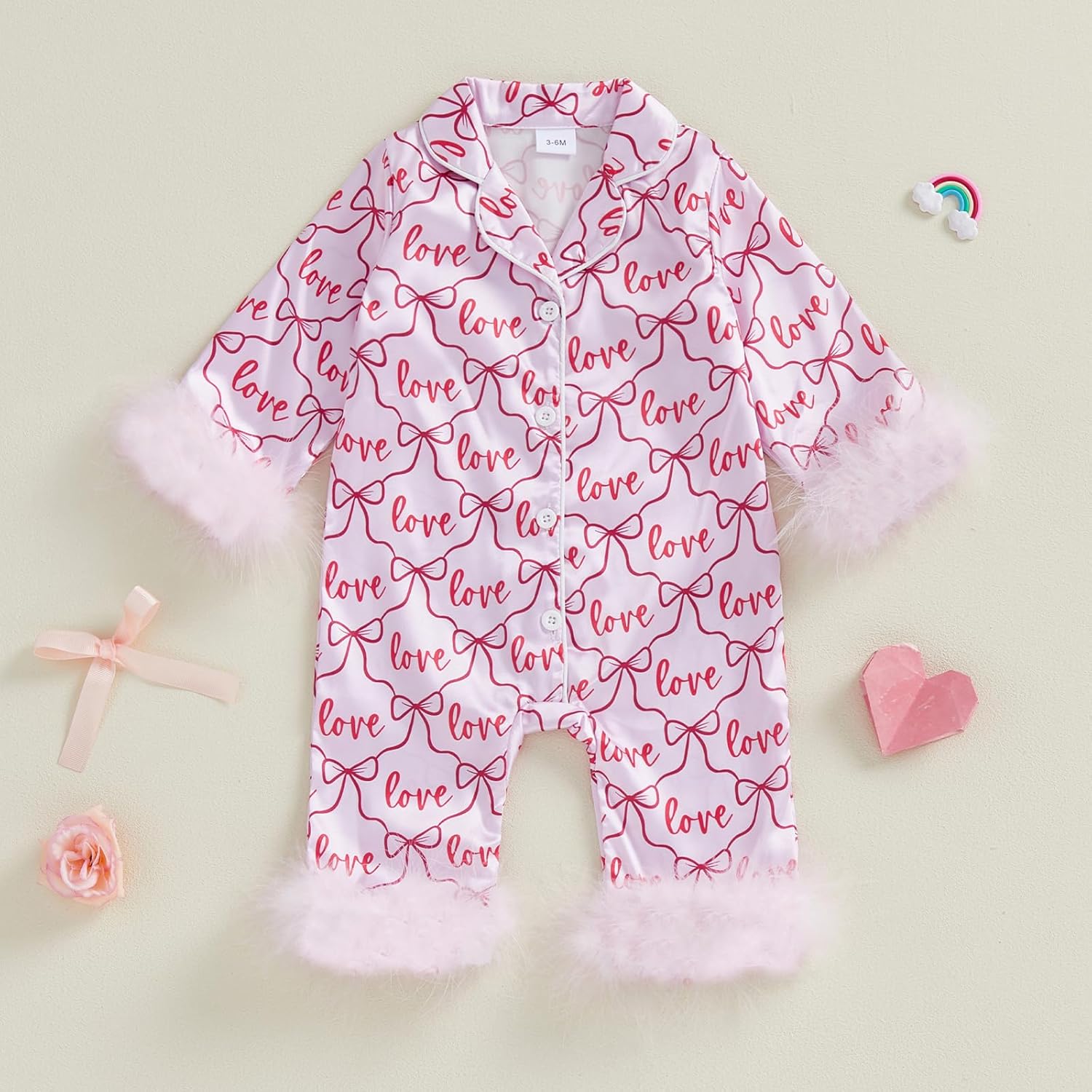 Kuriozud Baby Girl Valentines Day Satin Silk Pajamas Long Sleeve Button Down Sleepwear Romper Baby Valentines Nightgown Pjs - Image 3