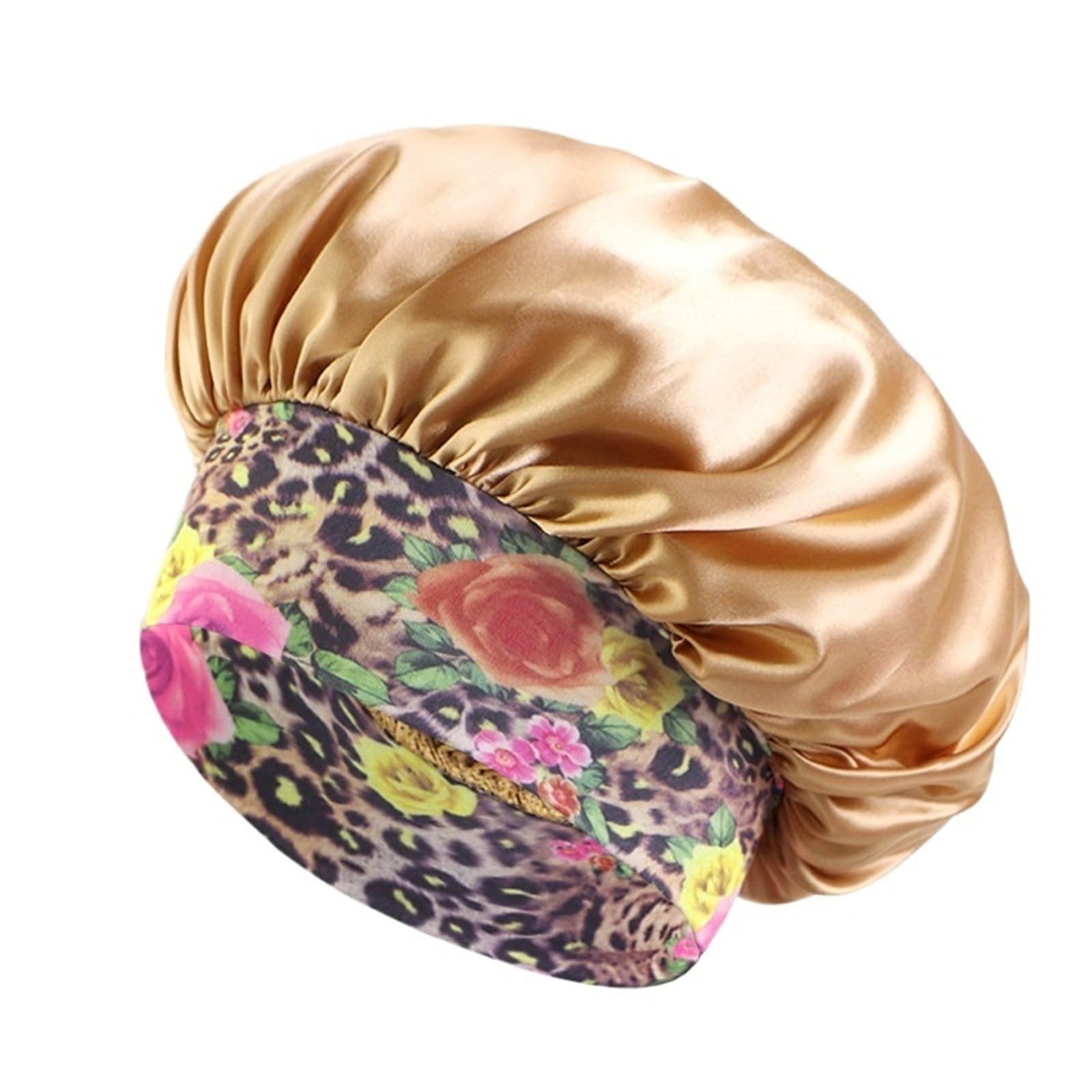 Gorro de Dormir de Seda Gorro for mujer con estampado floral y borde ancho, de seda elástica satén suave, ideal for dormir en casa a diario(Khaki)