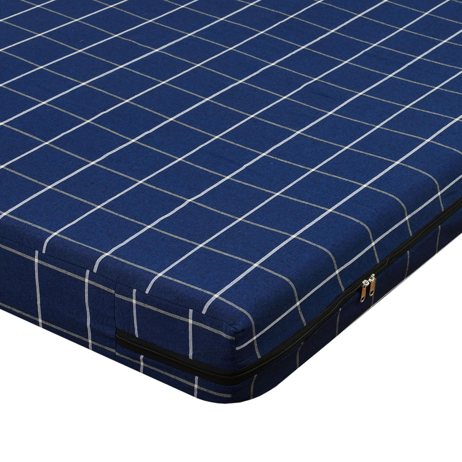 Cotton Mattress Cover with Zip, Navy Blue Checkered, Single 36x72x6 Inch | Zippered Cover, Blue Checkered Design-image-6