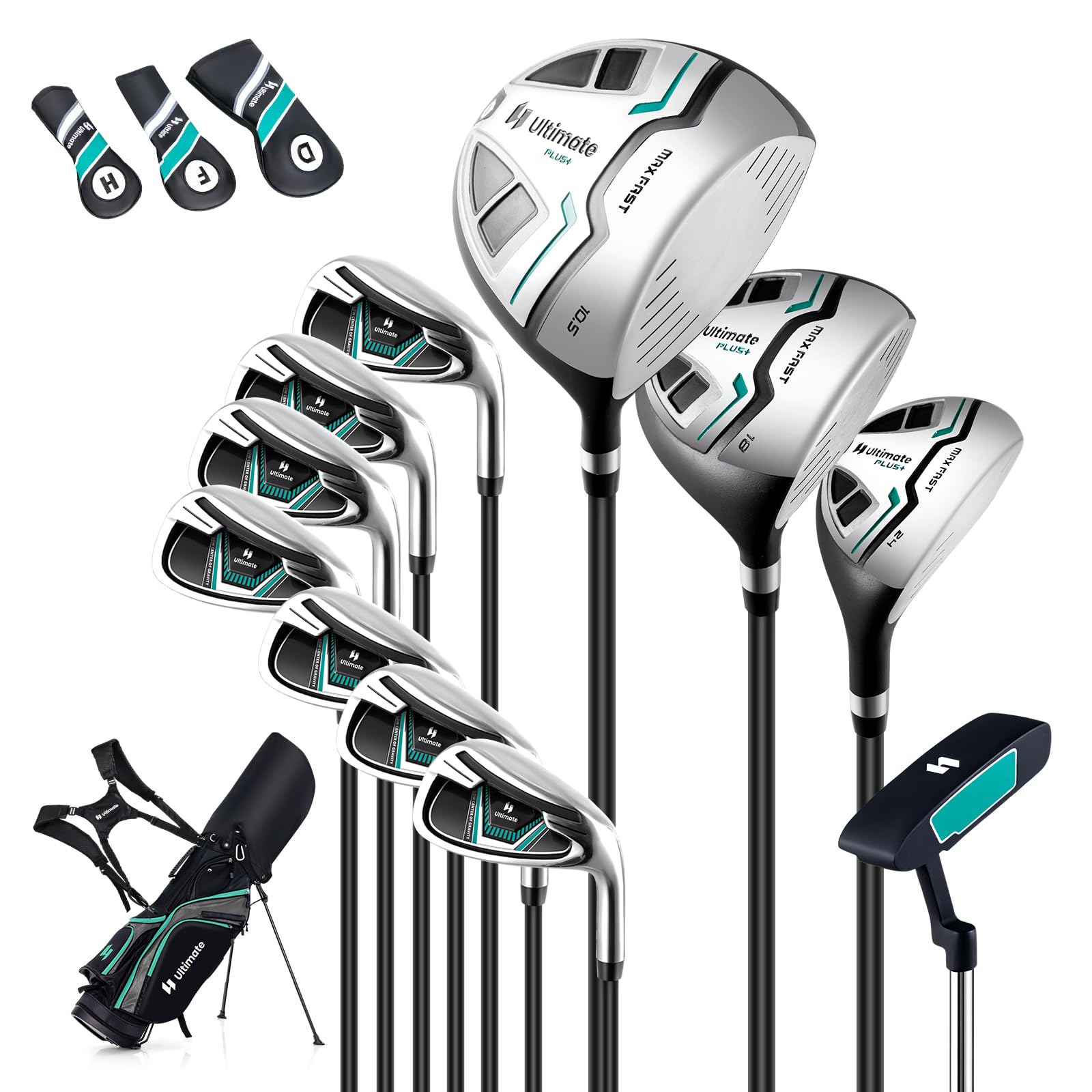 GYMAX Ensemble Complet de Clubs de Golf pour Hommes Droitier, Comprenant Driver #1 460CC, Fairway #3, Hybride #5, Fers #5, #6, #7, #8, #9, #P, #S, Putter, 3 Couvre-Golf et Sac de Golf