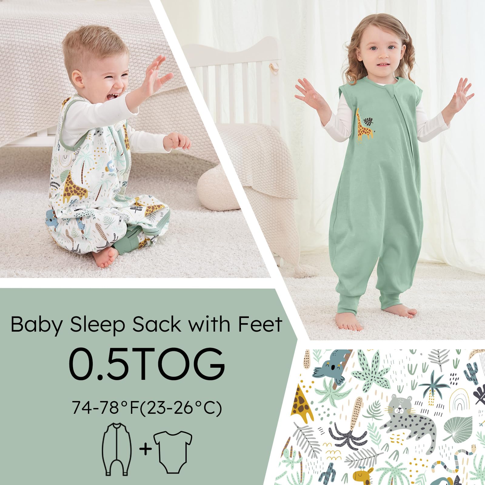 Yoofoss Sacco Nanna con Piedini 0.5 Tog 3-4 anni, 2 confezioni Sacco Nanna per Ragazze e Ragazzi, 100% Cotone Estivo Primavera Autunno