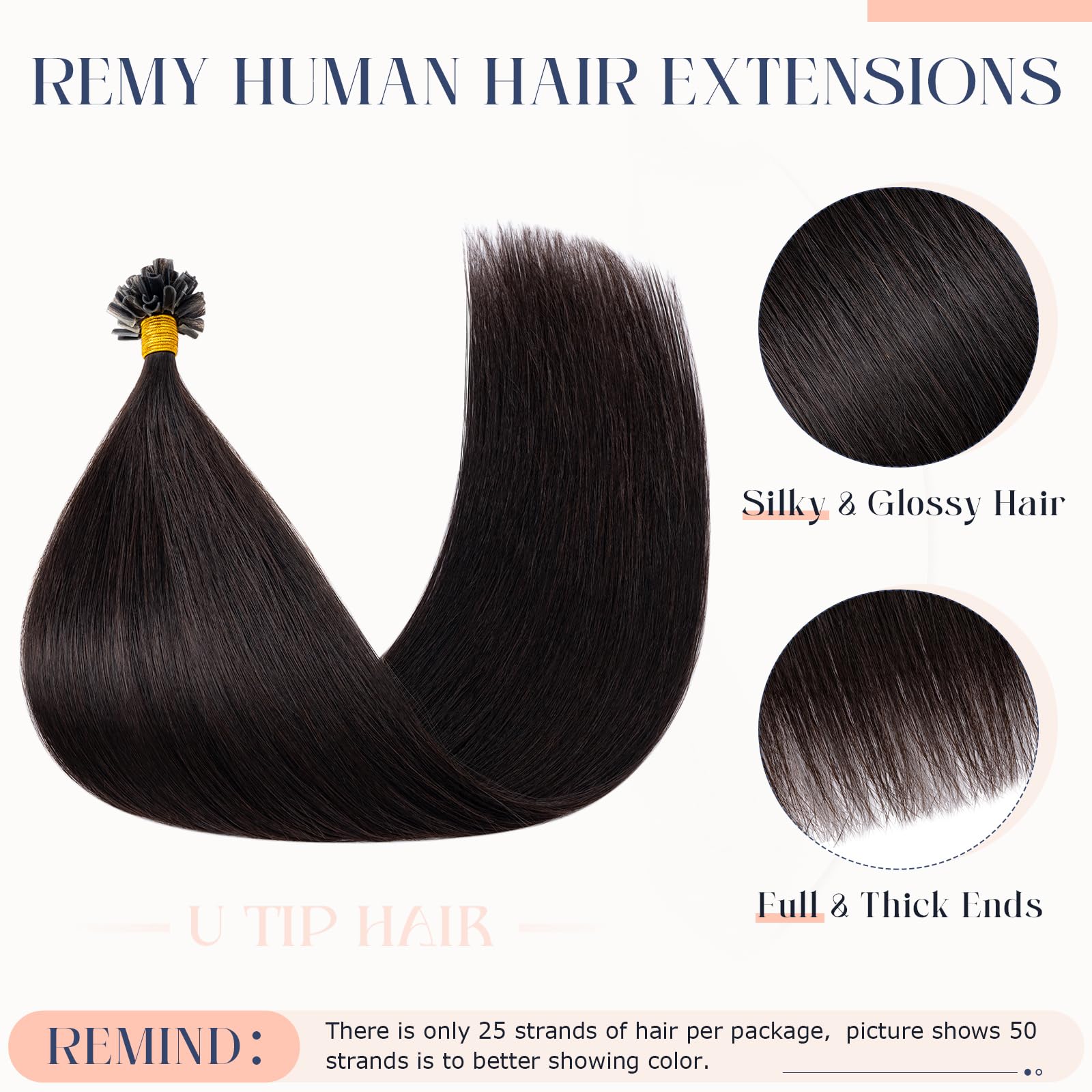 MY-LADY U Tip Hair Extensions Real Human #1B Natural Black Keratin Hair Extensions Invisible Straight K Tips Extensions for Women Natural Look 14 Inch 25g - Image 3