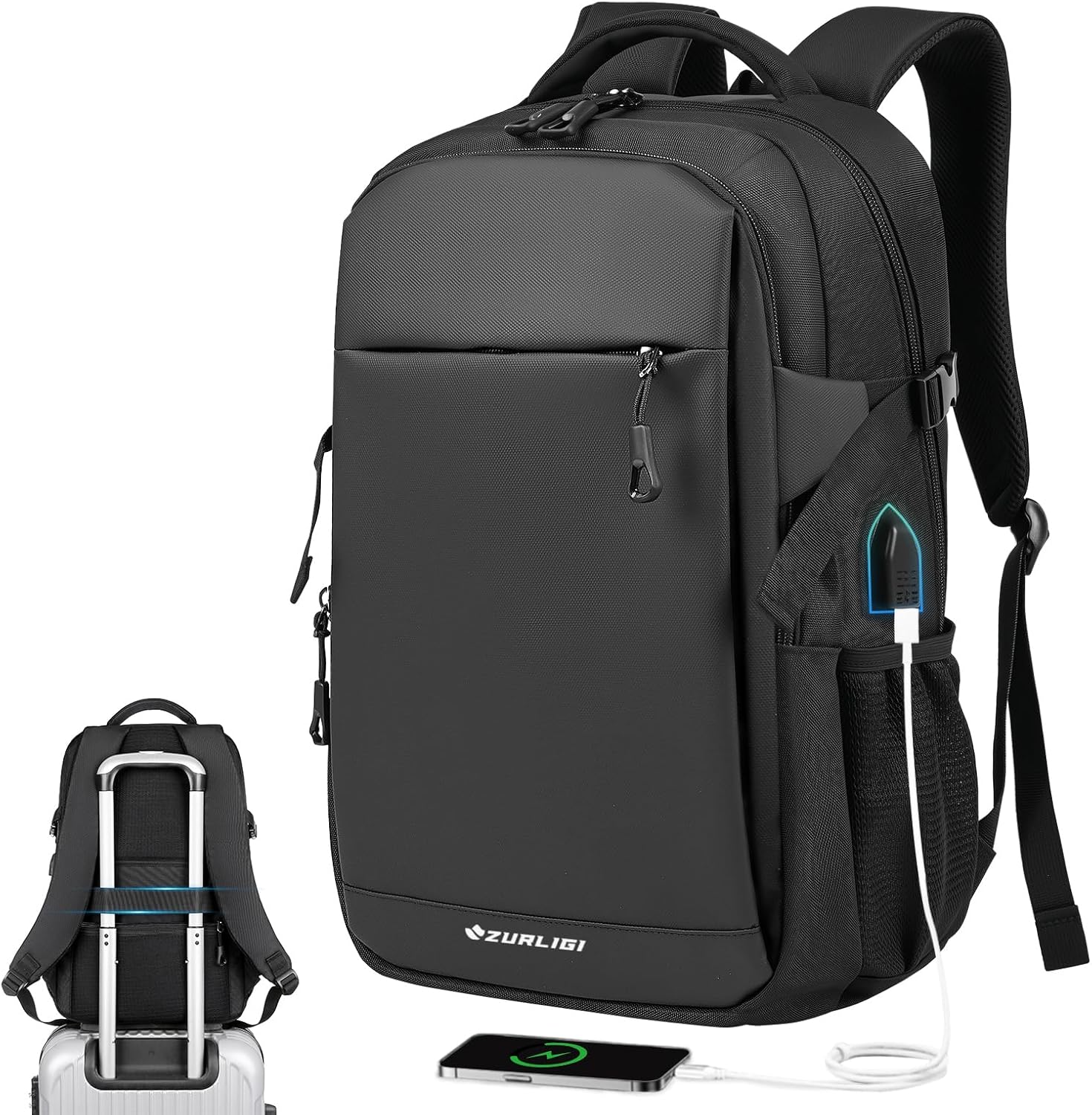 Zurligi Casual Daypack for Men and Women - Black Daily Backpack with Charging Port, Lightweight Carry On Travel Backpacks