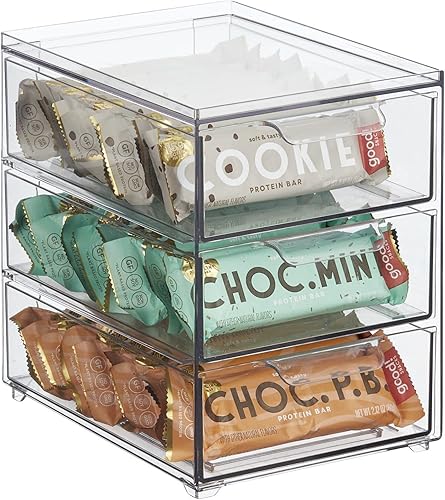mDesign Organizador de almacenamiento de cocina apilable de plástico con 3 cajones, contenedor con cajones extraíbles divididos para despensa,