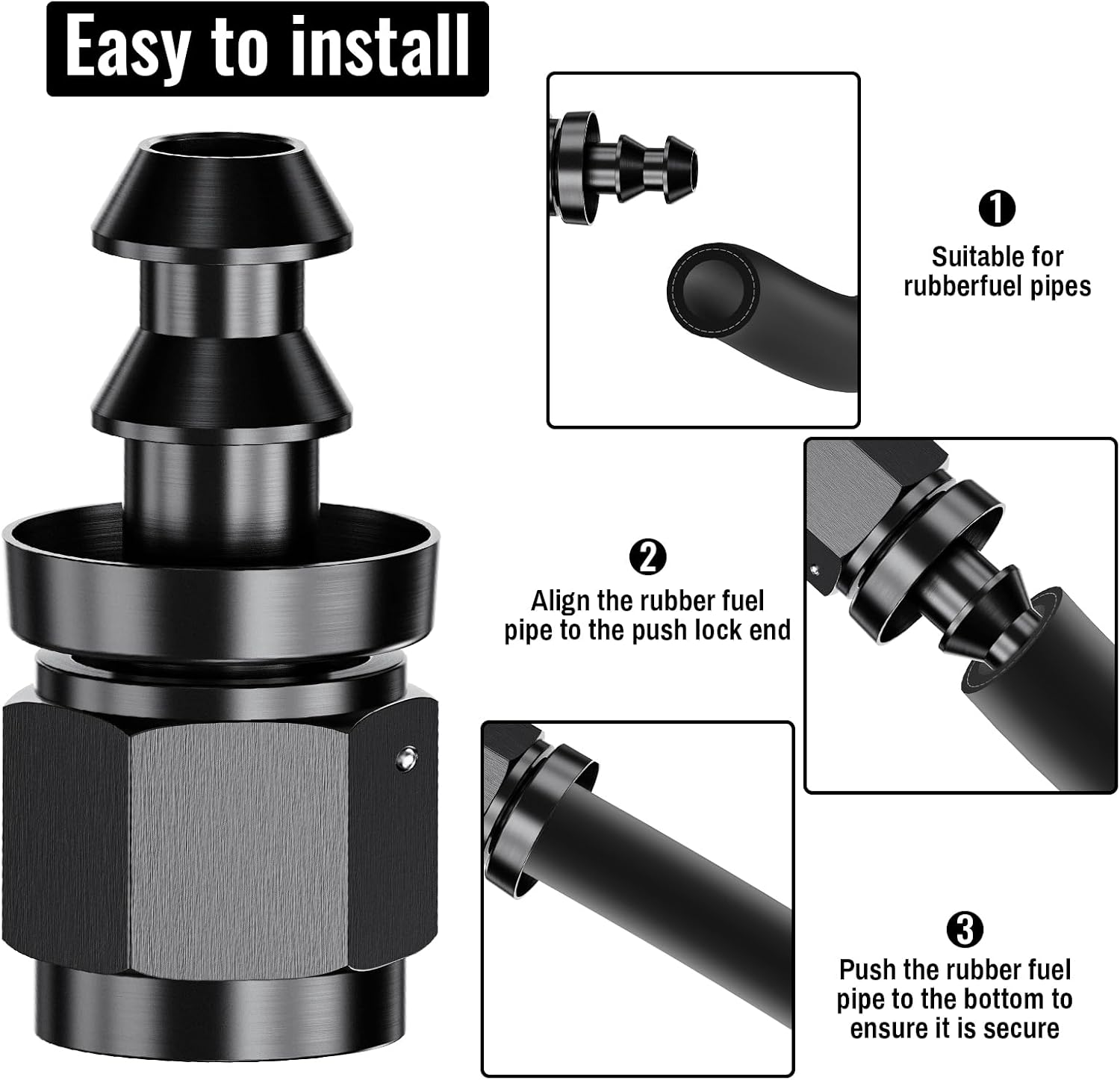 2Pcs Straight 6AN Female to 3/8" Push Lock Hose Fitting End for Rubber Fuel Line, Black Hard Two Stage Barb Aluminum Anodized Connector, Automotive Accessories for Vehicle Fuel Oil Line Modification