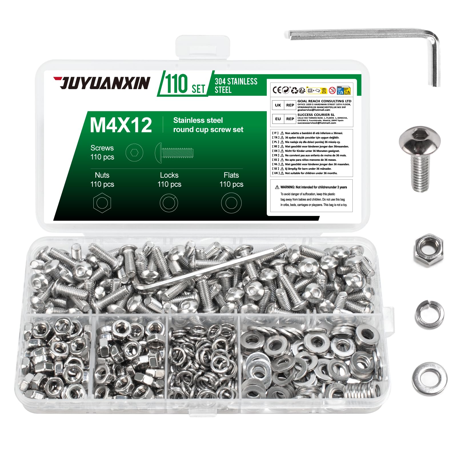 110 Set M4 x 12 mm Nuts and Bolts Assortment, Hex Socket Button Head Screws Bolts and Nuts Set, Stainless Steel Allen Machine Screws with Flat & Lock Washers Set