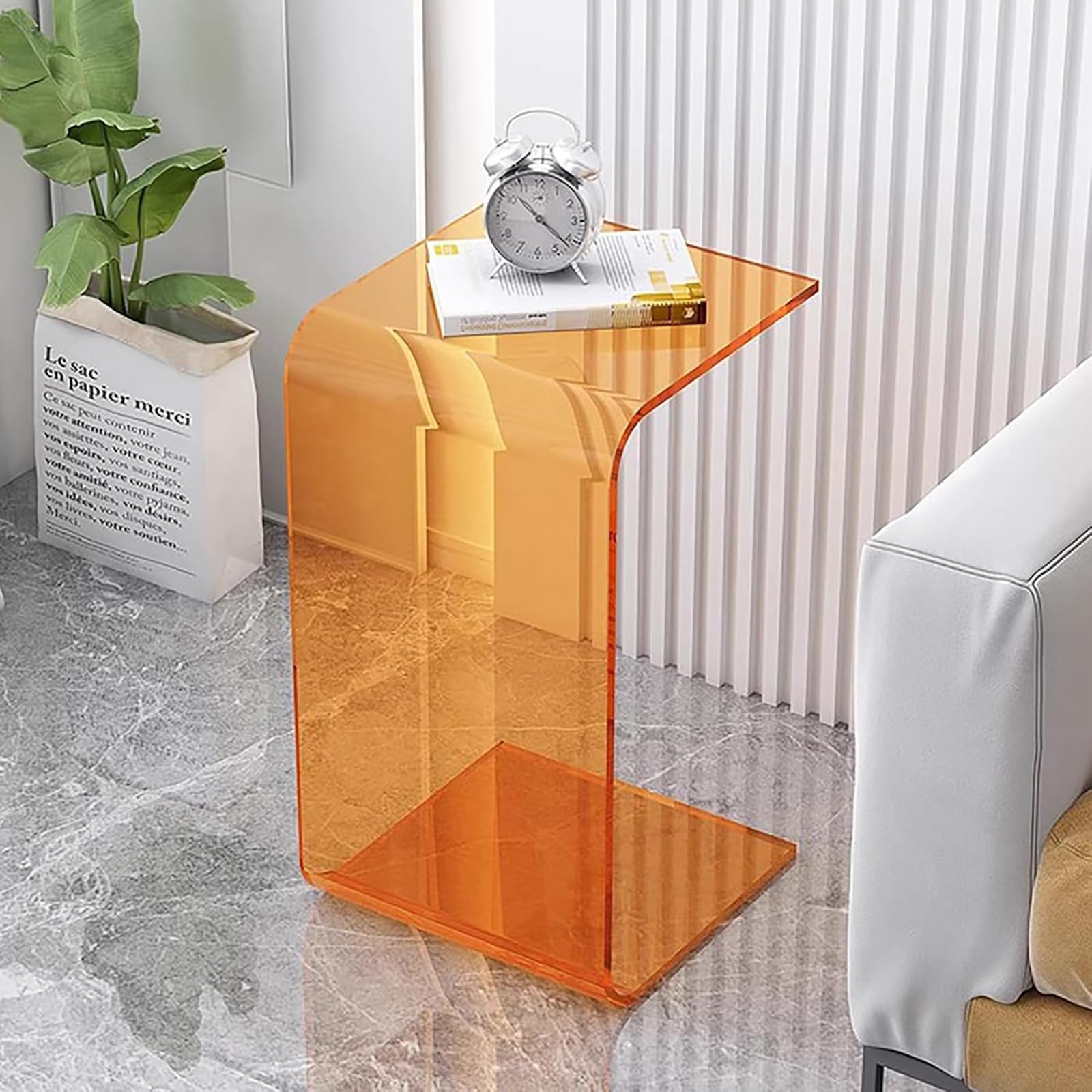 Mesa auxiliar de acrílico naranja en forma de C para sofá y salón 30x30x59 cm