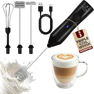 Zulay Kitchen Rechargeable Handheld Milk Frother, 3 Speeds, USB-C Rechargeable, Includes 3 Whisk Attachments