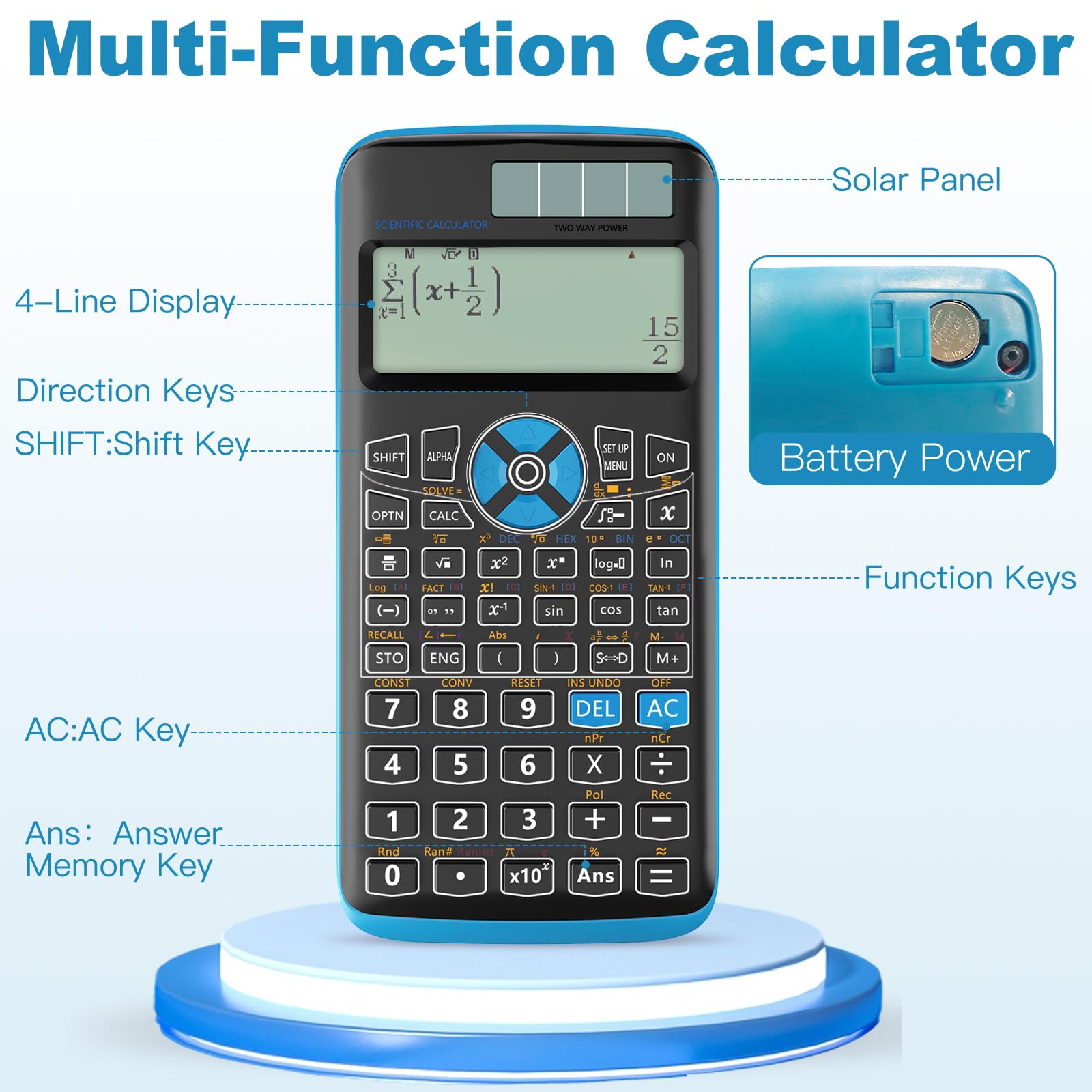 Calculadoras científicas, calculadoras solares Rudnia con pantalla de 4 líneas, calculadora de 10+2 dígitos y 417 funciones, ideal para estudiantes de secundaria y universitarios (negro)