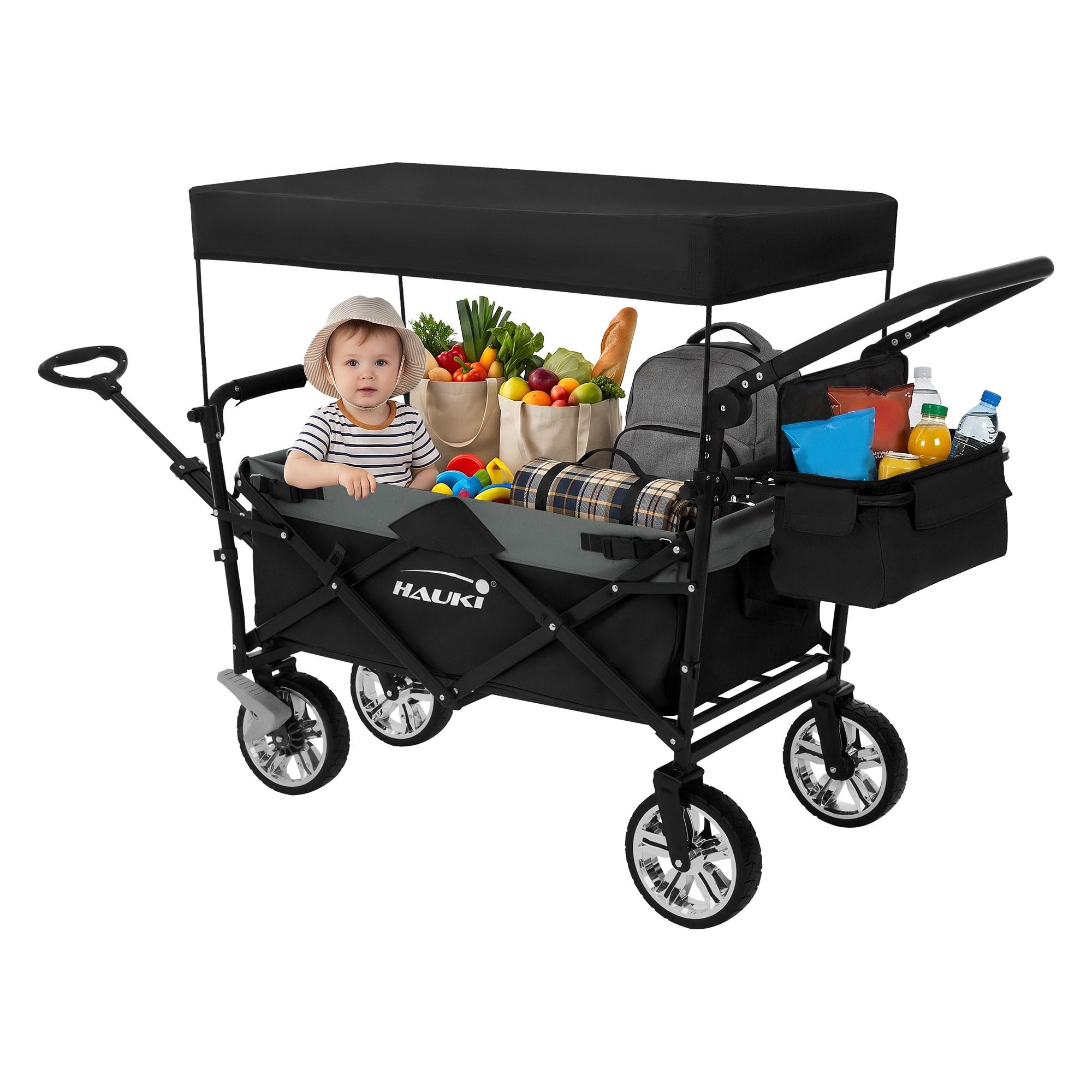 Hauki Carro de Mano Plegable con Toldo para la Playa, Negro-Gris, Transporte de hasta 120 kg para Niños o de Equipamiento Incl. 2 Bolsillos de Malla y 1 Bolsa Exterior, Remolque con Freno en Rueda