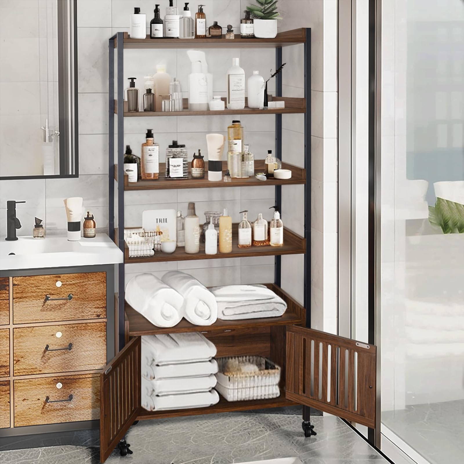 AMOWARE Industrial Bookshelf and Bookcase with 2 Louvered Doors, 5-Tier Bookshelves with Wheels, Standing Storage Cabinet for Living Room, Home Office, Bedroom, Washroom, Rustic Brown