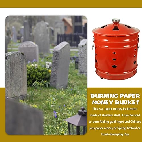 Miniatura 4 de Happyyami Incinerador de barril de quemado esmaltado, lata de metal para jardín, jaula para hogueras de patio, horno de desechos para antepasados,