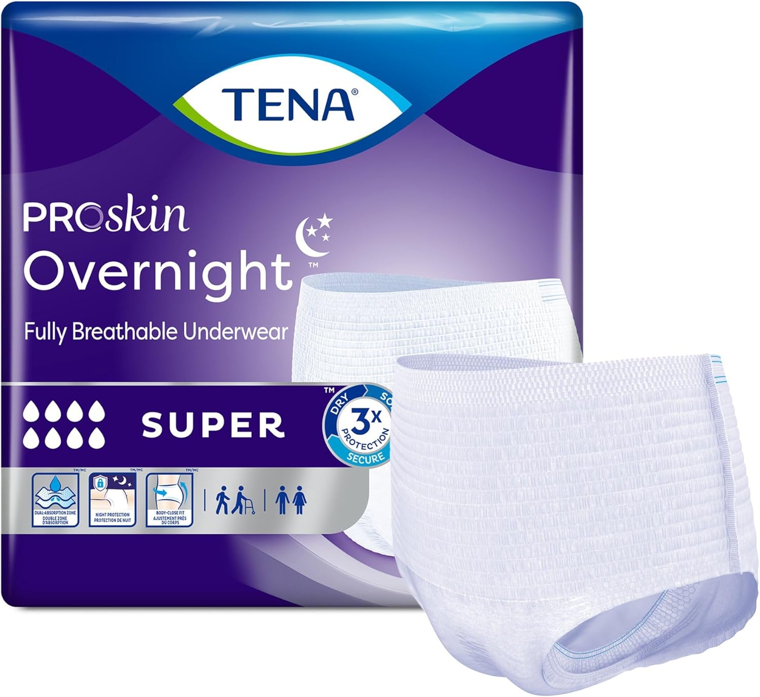 TENA ProSkin Overnight Super Protective Incontinence Underwear, Heavy Absorbency, Unisex, X-Large, ( 48 Total - 4 Pack)