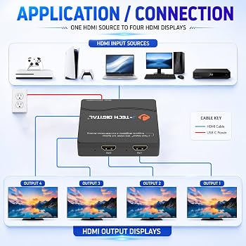 Amazon.com: J-Tech Digital HDMI Splitter 4K 60Hz 1X4 Multi